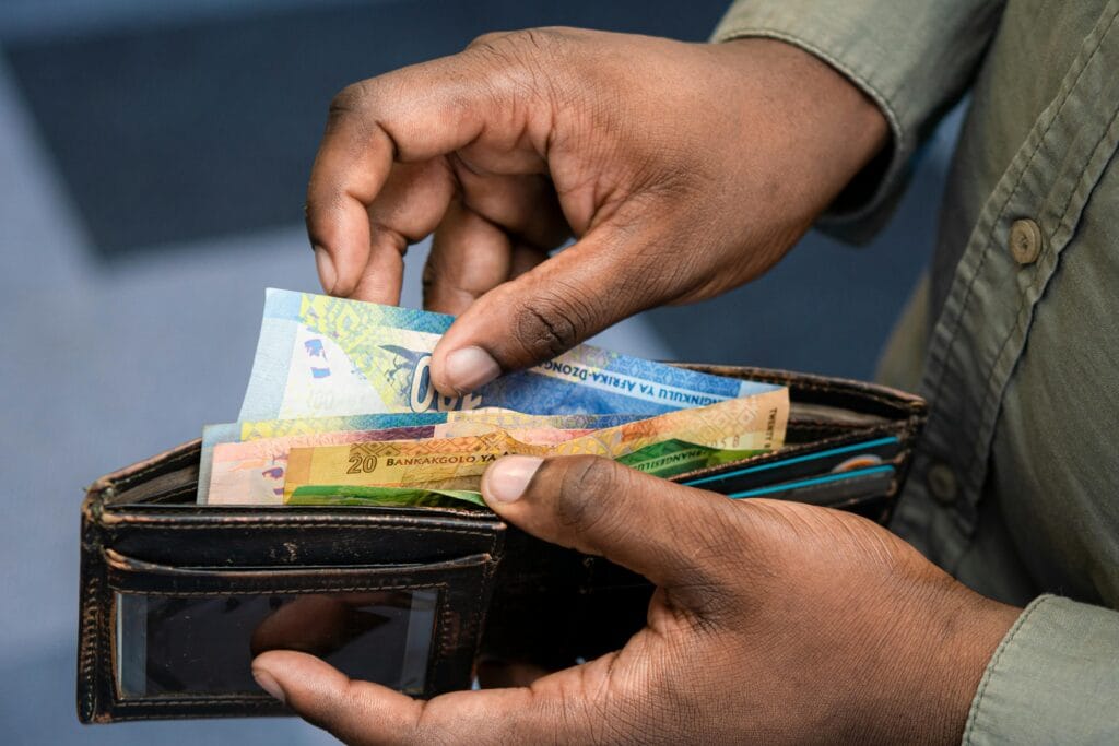 A wallet with South African money in it