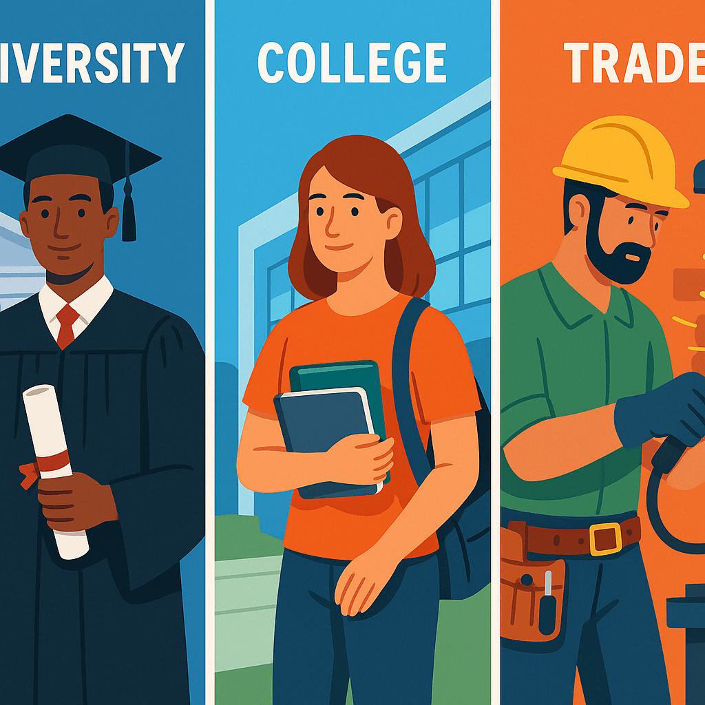 Illustration showing a university graduate, a college student, and a skilled tradesperson, representing choices between university, college, or learning a trade.