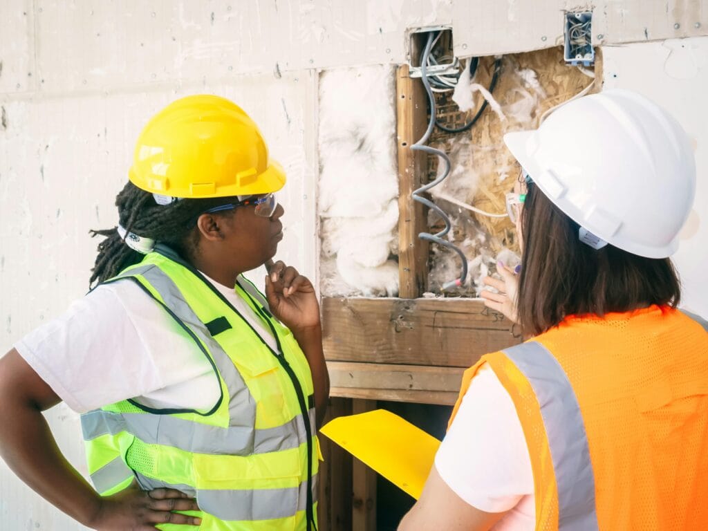Female engineers examining cable wiring on a demolished wall during a construction project